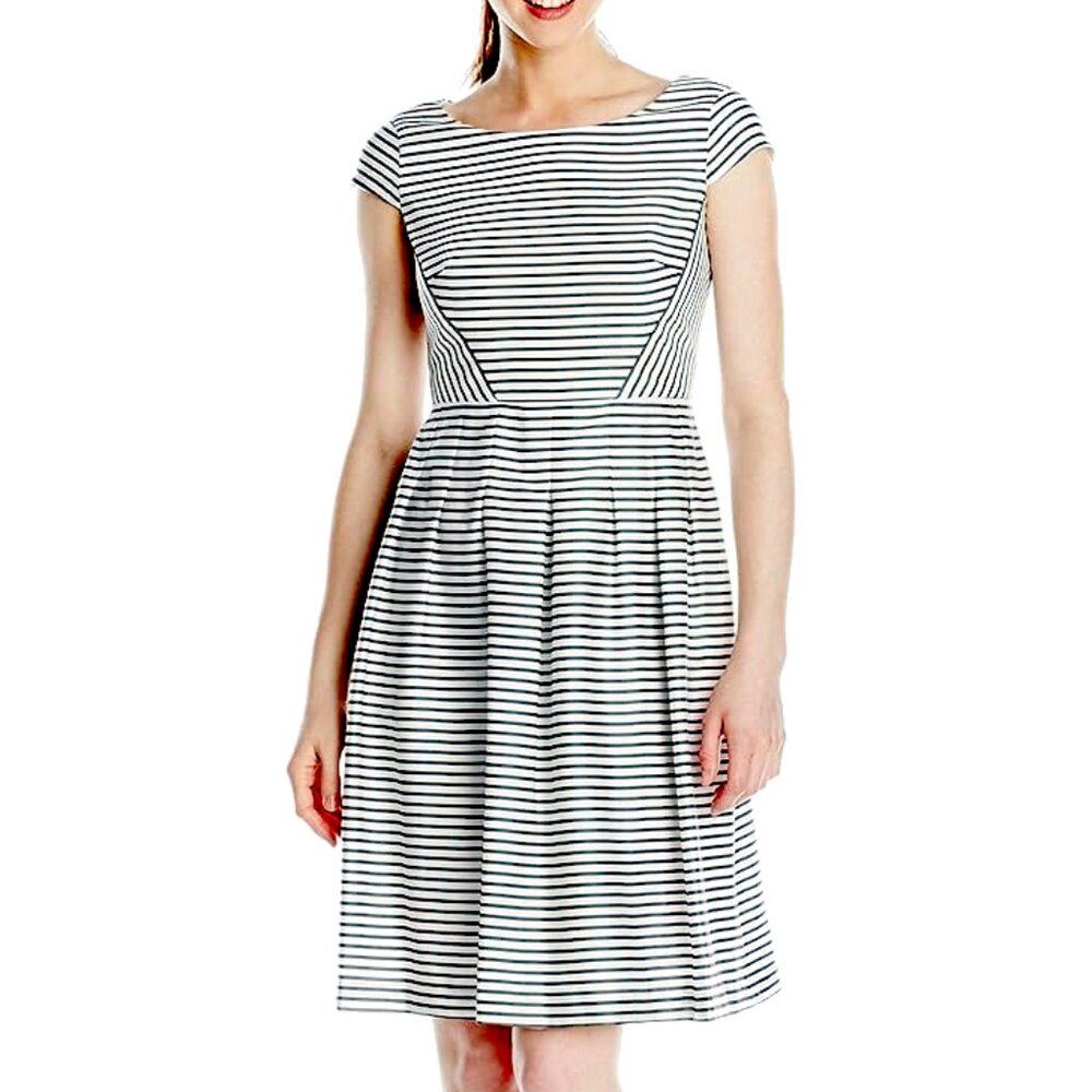 Anne Klein Striped Cap Sleeve Pleated Dress SZ 12
